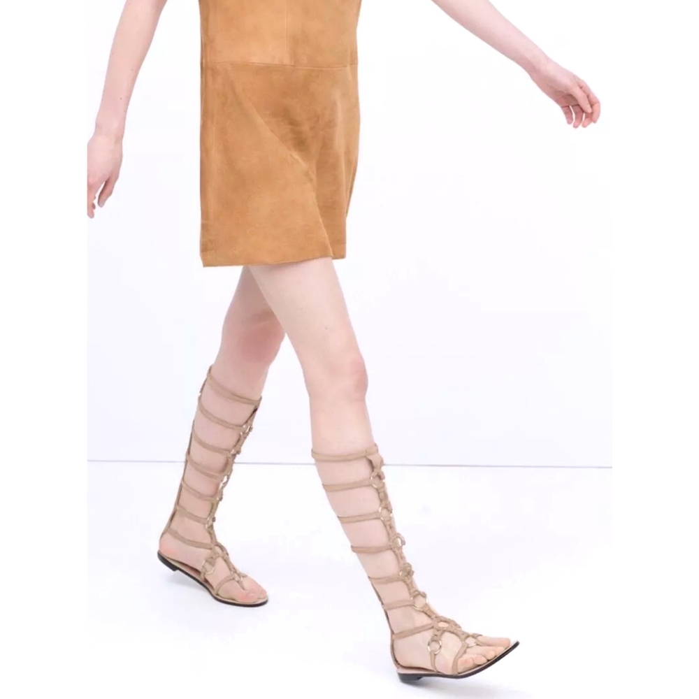 ZARA Suede Leather Buckled Gladiator Flat Knee Length Boots Sandals Size 7.5
